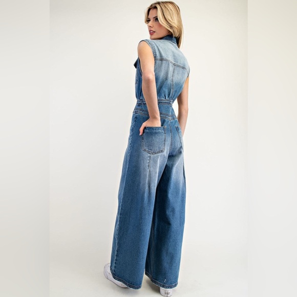 Snow Washed Wide Leg Button Down Denim Jumpsuit - eesome - Picture 7 of 9
